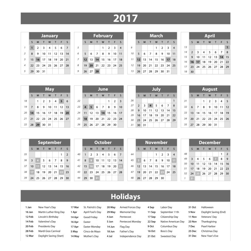 灰色的2017年日历矢量设计