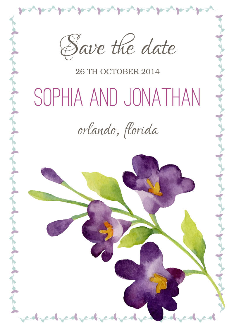 水彩紫色花卉图案婚礼贺卡矢量设计
