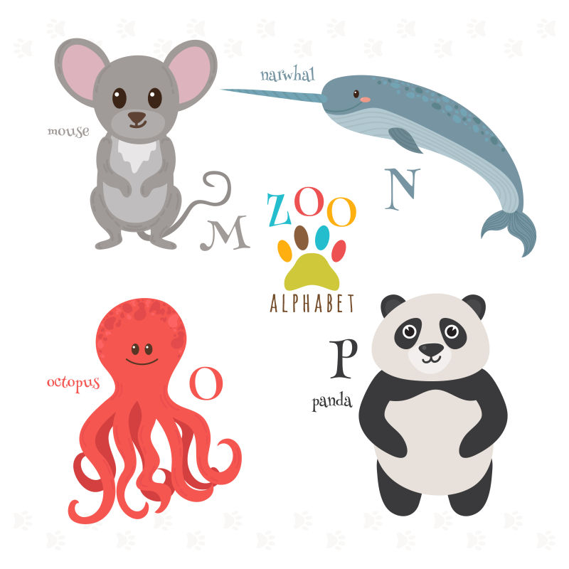 创意矢量卡通平面动物字母表的插图