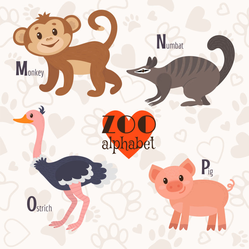 抽象矢量有趣的动物字母表插图