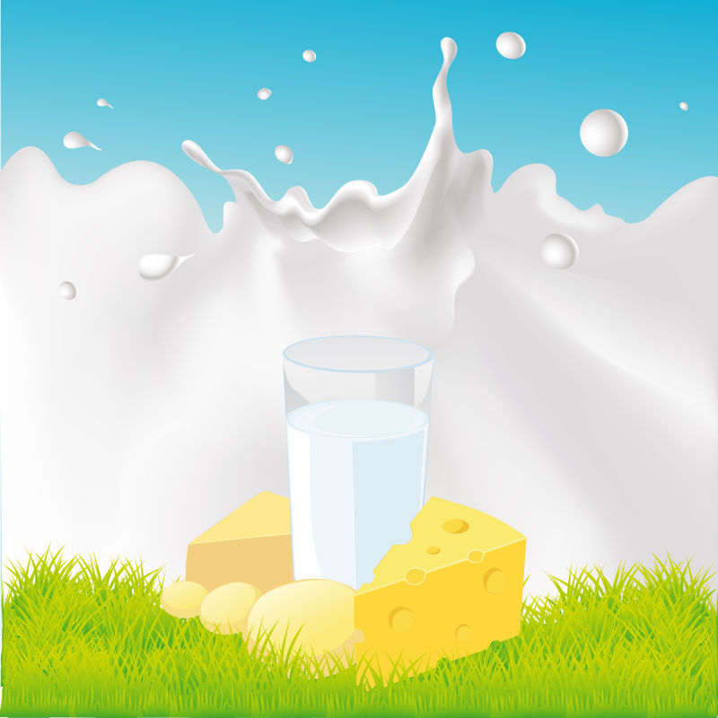 飞溅的牛奶和乳制品矢量插图