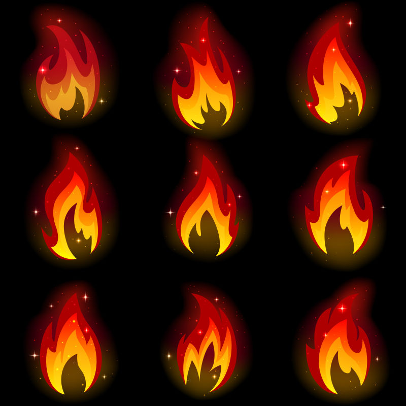 矢量不同火焰的平面插图设计元素