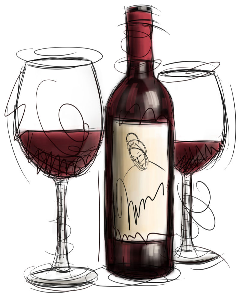 白色背景前的手绘红酒杯和红酒