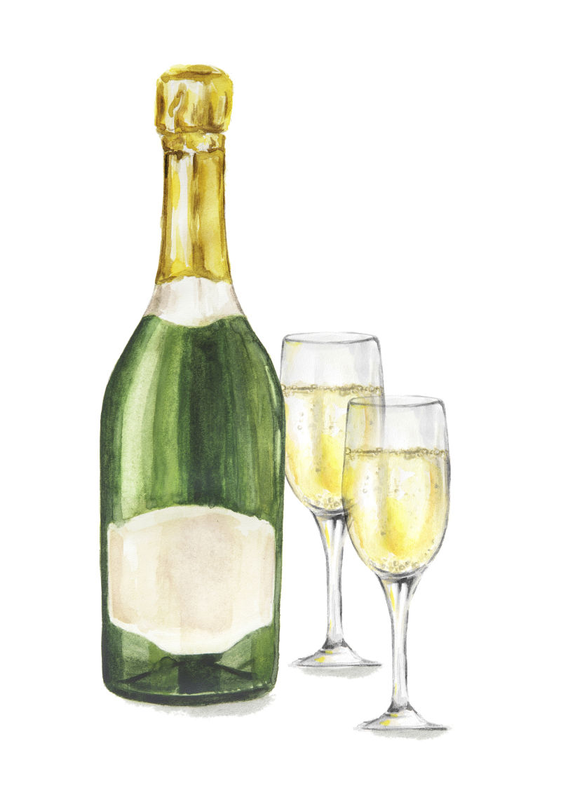 白色背景的独立水彩香槟酒瓶