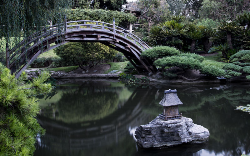 日本花园池塘和小桥
