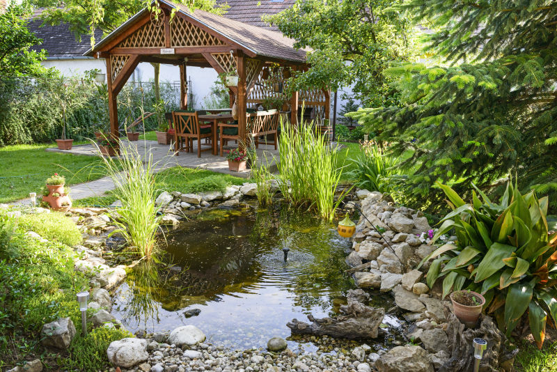 美丽的花园与凳子和小池塘放松