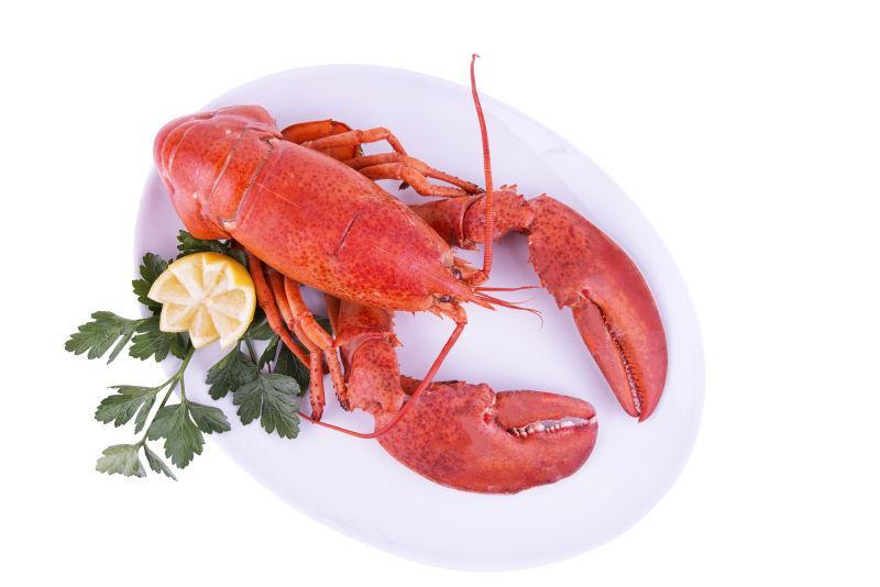 白色背景上白色盘子里的红色龙虾
