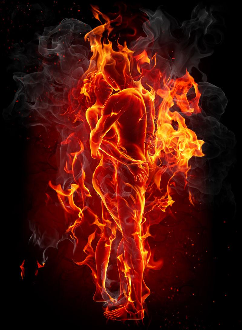 抱在一起的火焰男人和女人