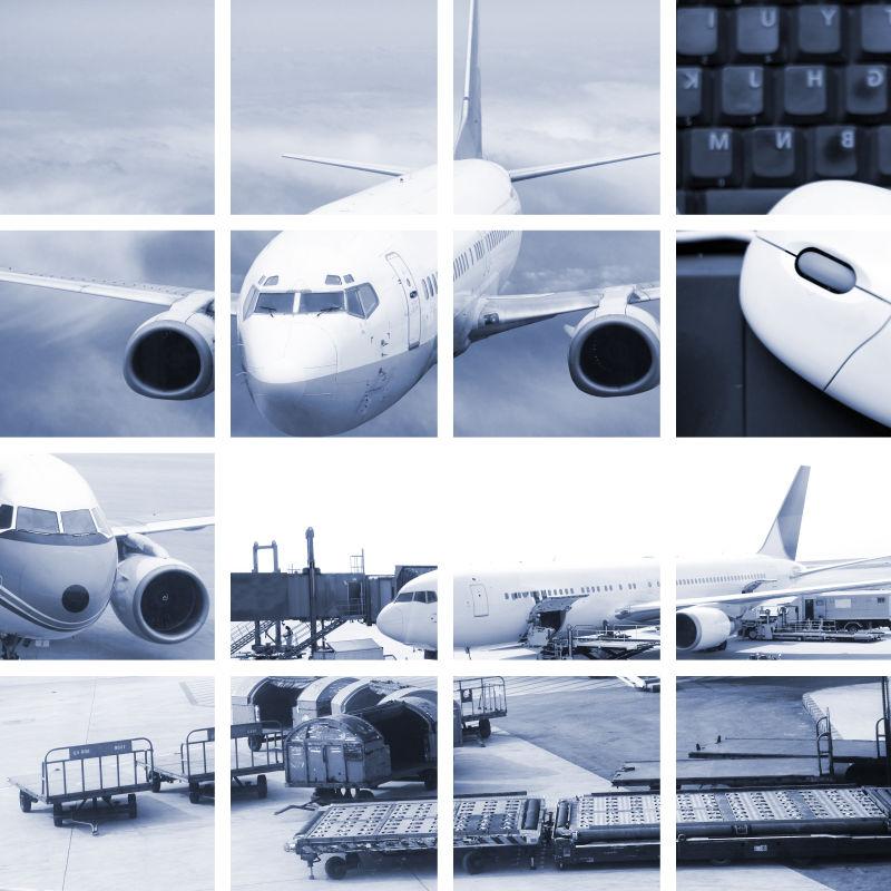 复古的飞机行李车和电脑鼠标键盘等航空交通概念