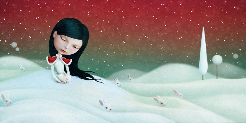 童话里冬季雪地里的小女孩和兔子