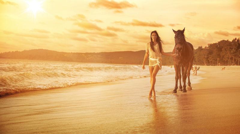 落日下海滩上的美女和心爱的马