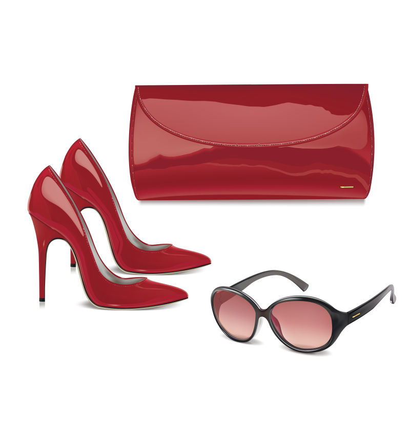 双红皮女式高跟鞋迷你包和太阳镜