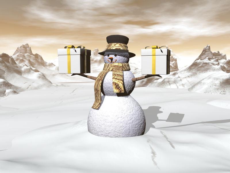 雪人拿着两件大礼物3D渲染