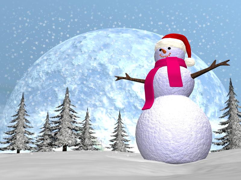 雪人站在雪中3D渲染