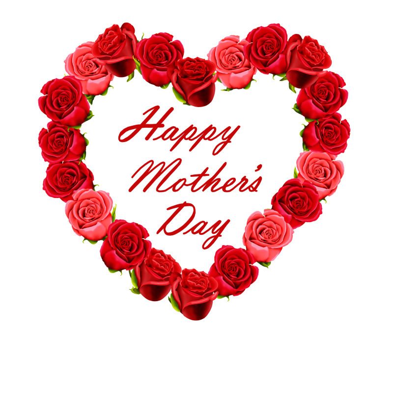 白色背景下的母亲节祝福语和心形红玫瑰