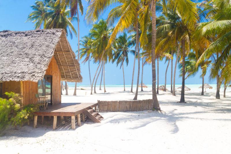 热带沙滩背景中的传统木屋