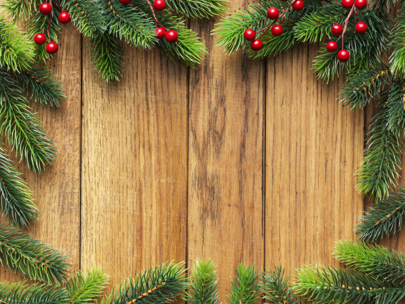 装饰圣诞树的边框上镶有金色的小玩意儿和铃铛
