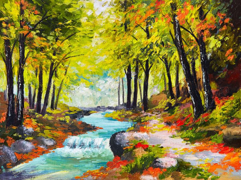 秋林中的河流水彩景观