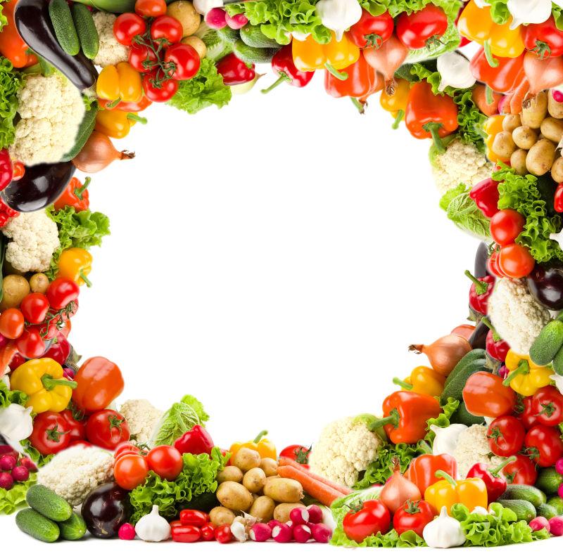 白色背景上水果和蔬菜围成的圆圈