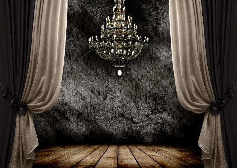 灰暗的房间内部老旧背景上的图像与木地板和吊灯