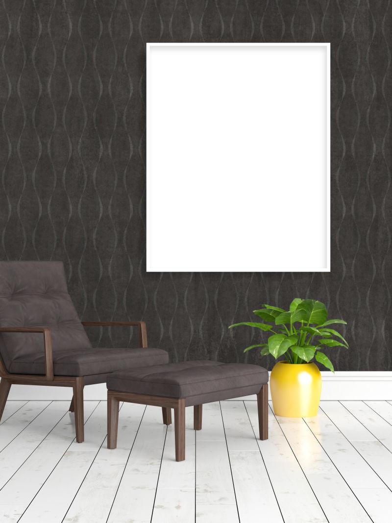 美丽的客厅内饰与模拟海报框架和棕色椅子
