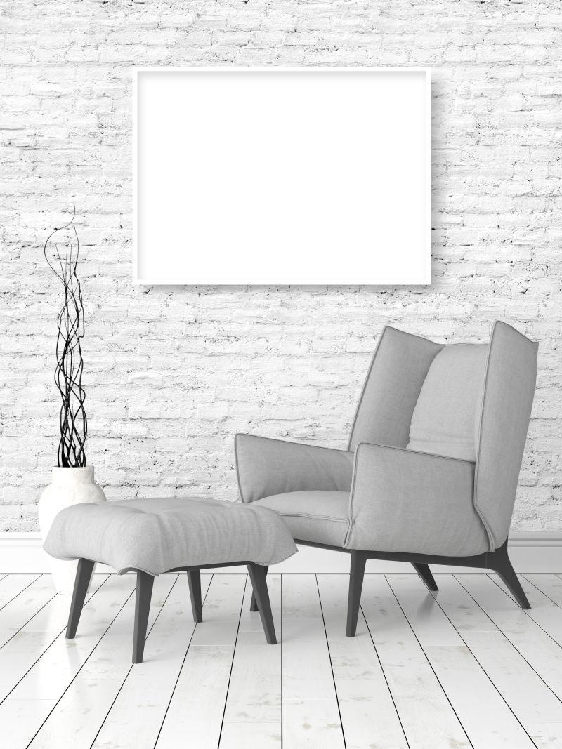 美丽的客厅内饰与模拟海报框架和椅子