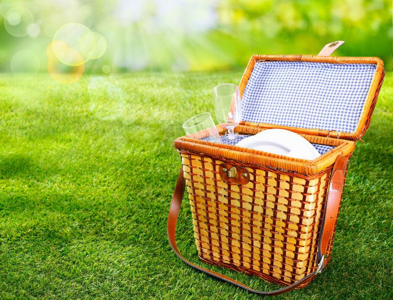 阳光充足的绿色草坪上的野餐篮子