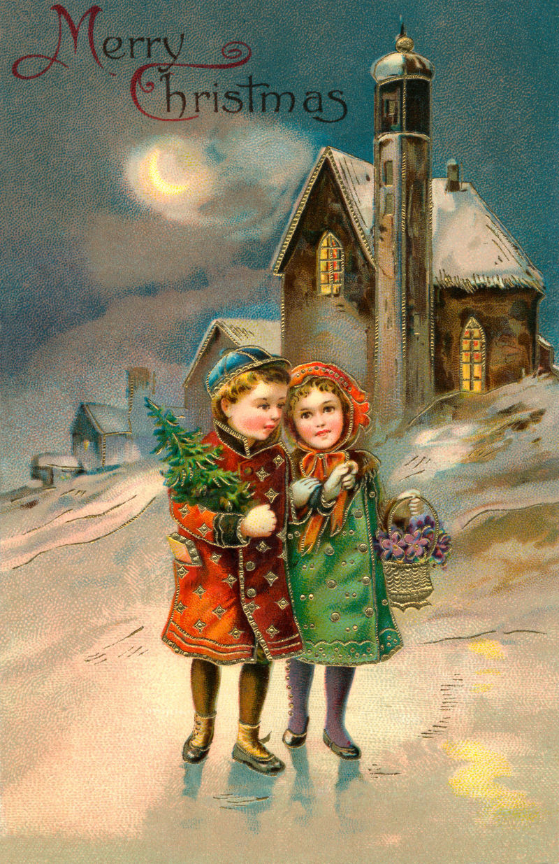 孩子们在月亮上点燃圣诞夜