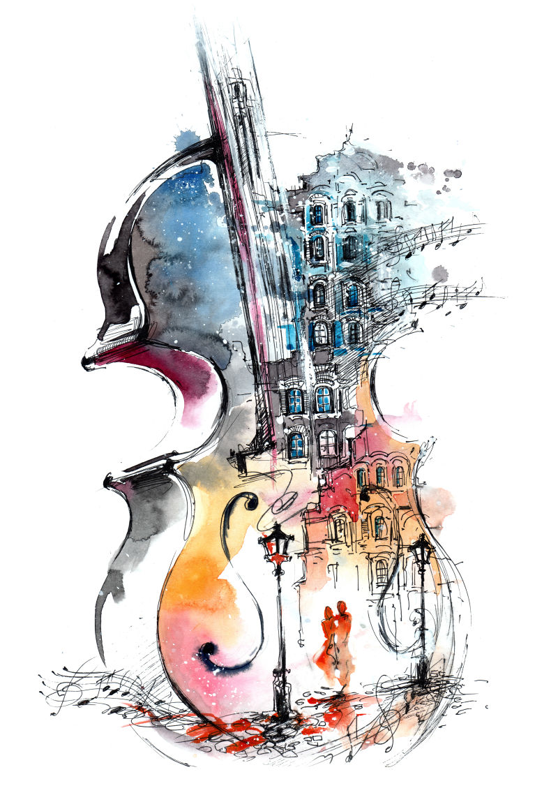 音乐与城市水彩画