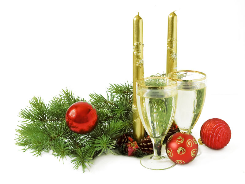 圣诞节有蜡烛香槟的装饰品