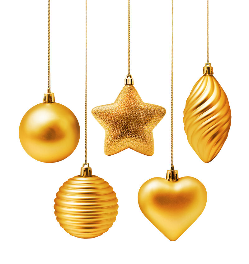 五种形状的金色圣诞挂件