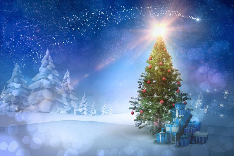 蓝色星空下的圣诞树