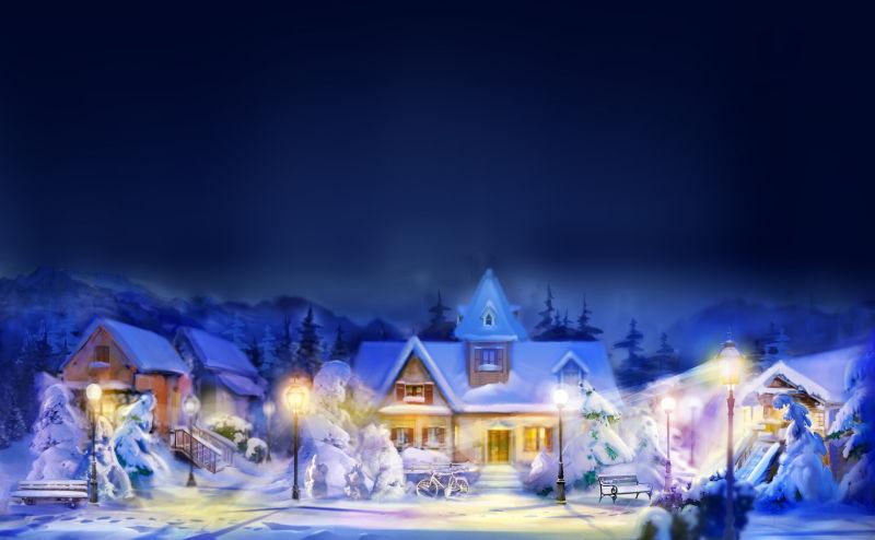 夜晚里美丽的圣诞小屋