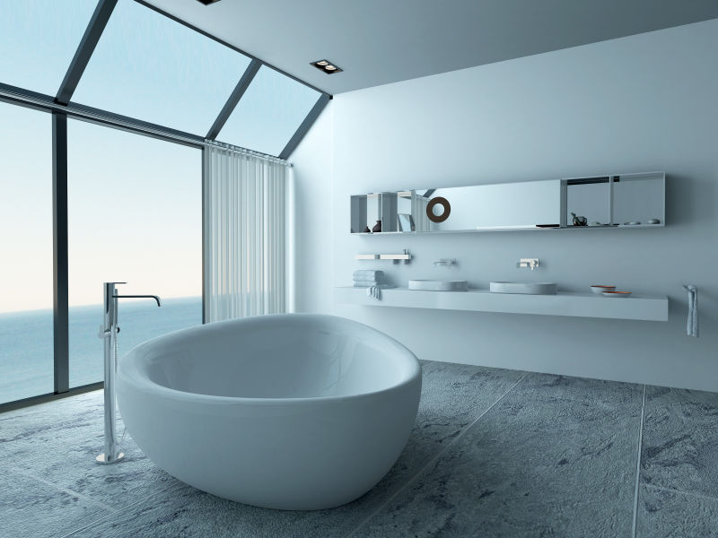 现代奢华浴室里的白浴缸设计