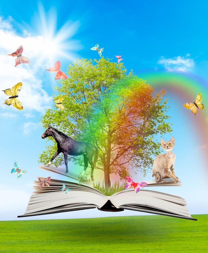 自然的背景下有绿树和不同动物的魔法书