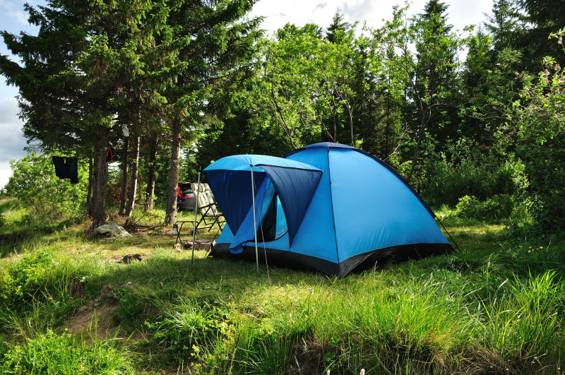 森林中的蓝色帐篷