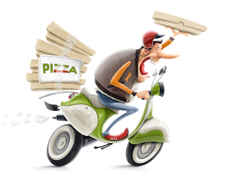 男子骑自行车派送披萨