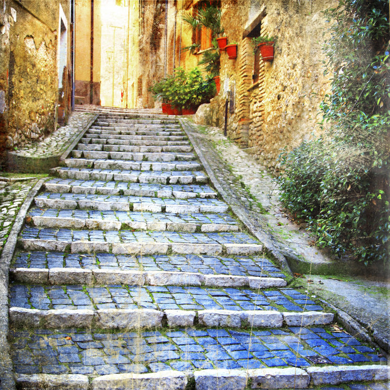 希腊楼梯街道绘画作品