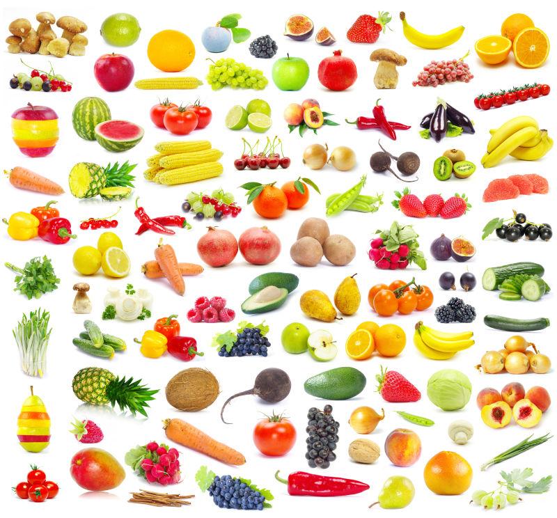 白色背景上的许多品种的水果蔬菜大集合