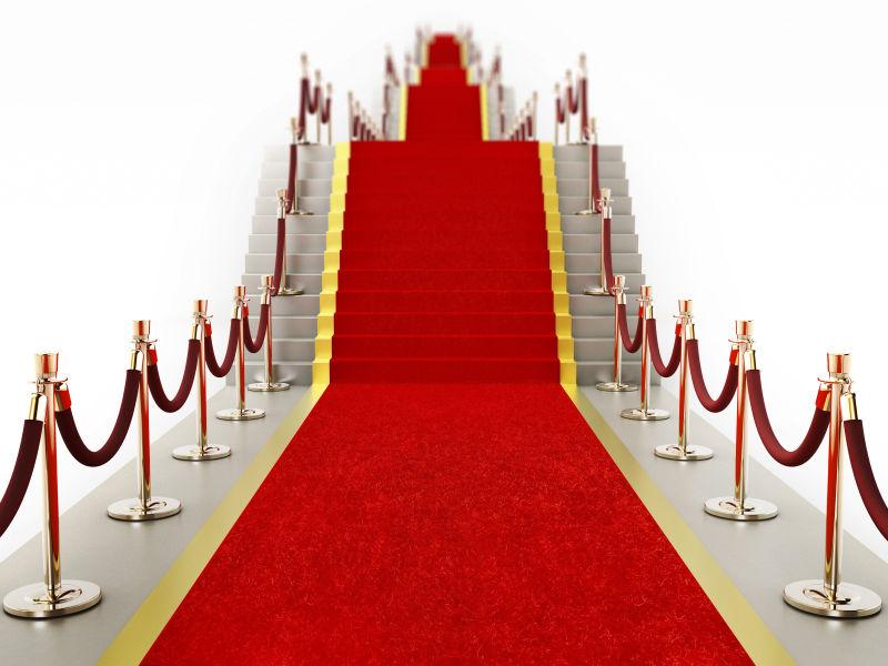 红地毯和天鹅绒绳索通向楼梯