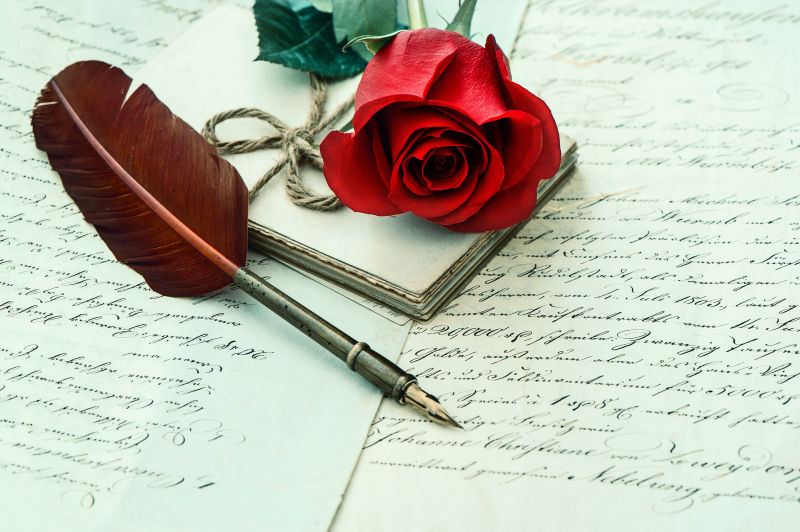 红玫瑰花与古董羽毛笔