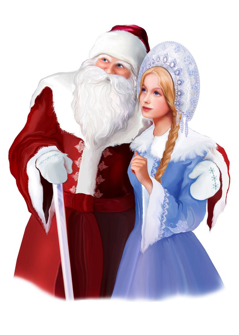 年轻美丽的姑娘与雪的圣诞老人