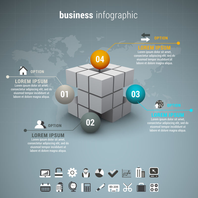 矢量图示由立方体和球制成的商业信息图表