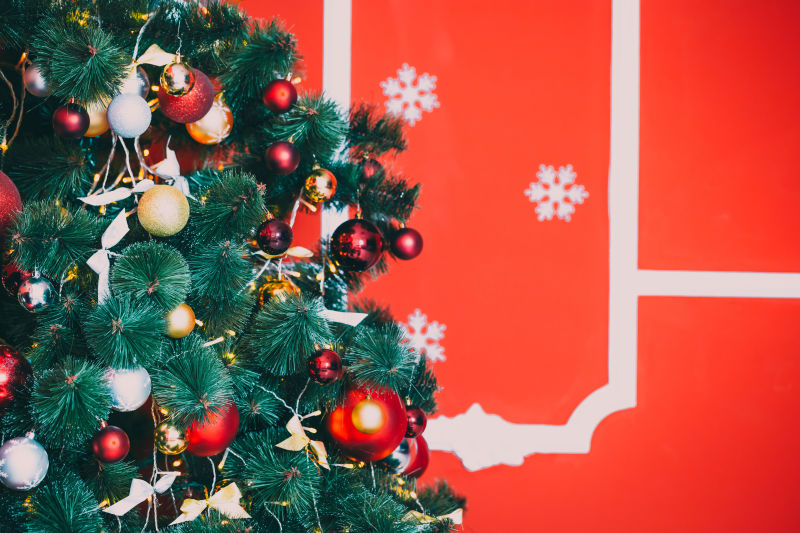 红色壁纸室内的圣诞树