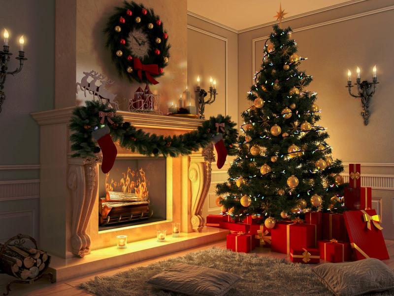 室内的圣诞树礼物盒和壁炉