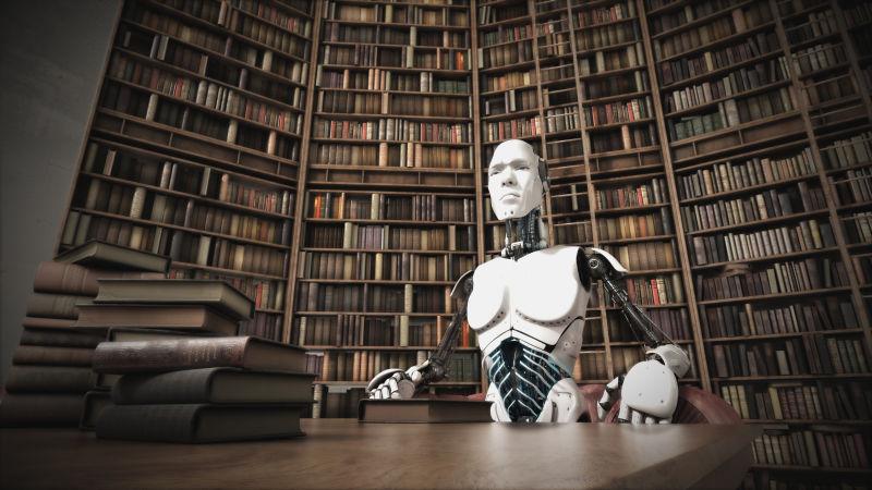 未来的机器人坐在桌子后面的古典图书馆里