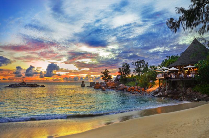 热带海滩日落咖啡馆自然背景