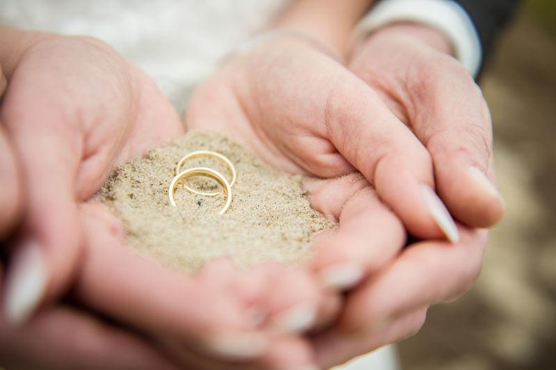 两双手一起捧着的沙子上的金色结婚戒指