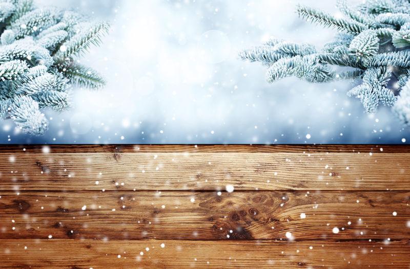 冬天的木制柜台上有霜覆盖的枞树枝