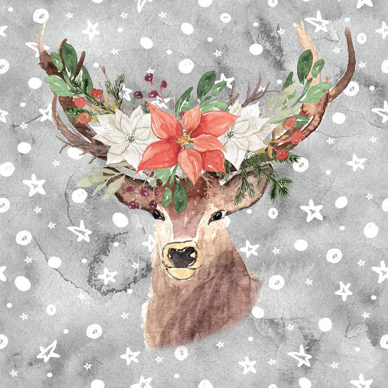 圣诞树上装饰有鹿角的可爱鹿和可爱的北极熊